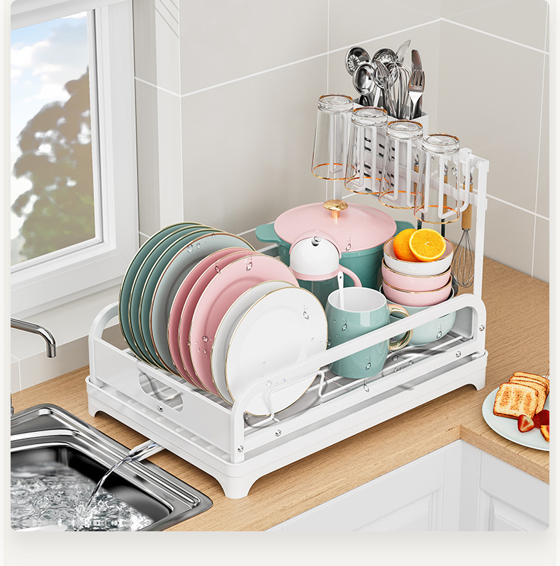 Wrought Iron Kitchen Storage Rack Standing Dish Drying Drainer Cups Utensils Organizer Sink Side Cross-Border Holder Cutlery