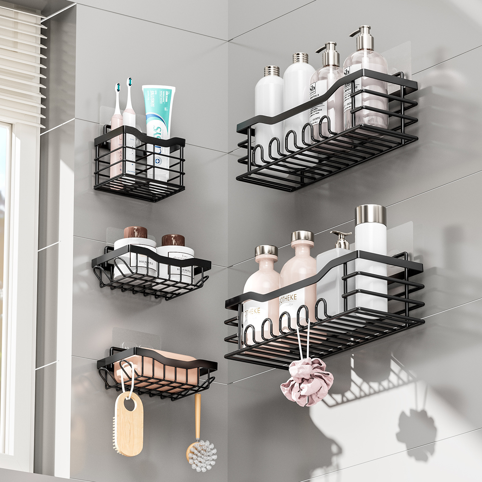 Wrought Iron Cross-Border No-Hole Wall-Mounted Toiletries Storage Racks Five-Shelf Bathroom Set