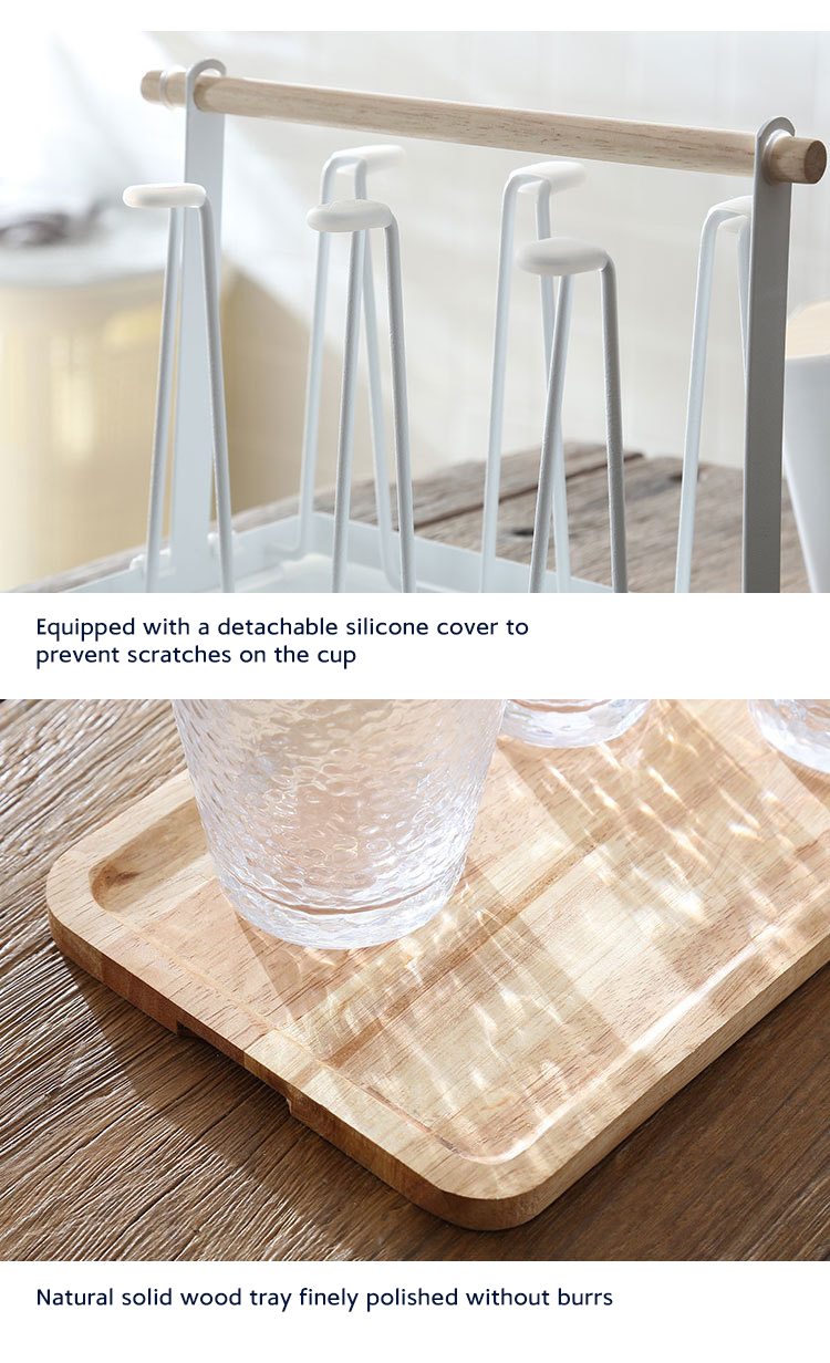 Household Storage Rack Glass Cup Holder 6 Hooks Cup Drying Rack With Wooden Tray