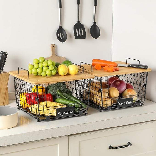 Cross-Border Carbon Steel Fruit Snacks Spices Vegetable Storage Basket Bamboo Kitchen Table Board Multilayer Shelves