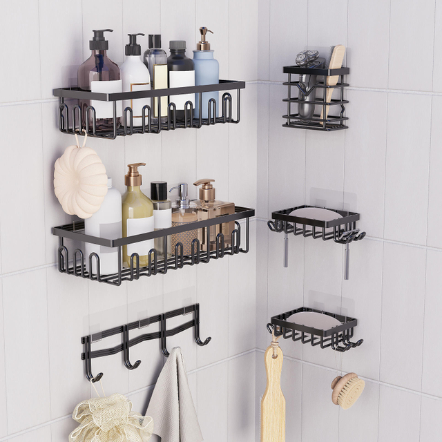 Wrought Iron Bathroom Wall Organizer with No-Punch Installation Sink Hooks and Shelf for Toilet Storage Set of Six