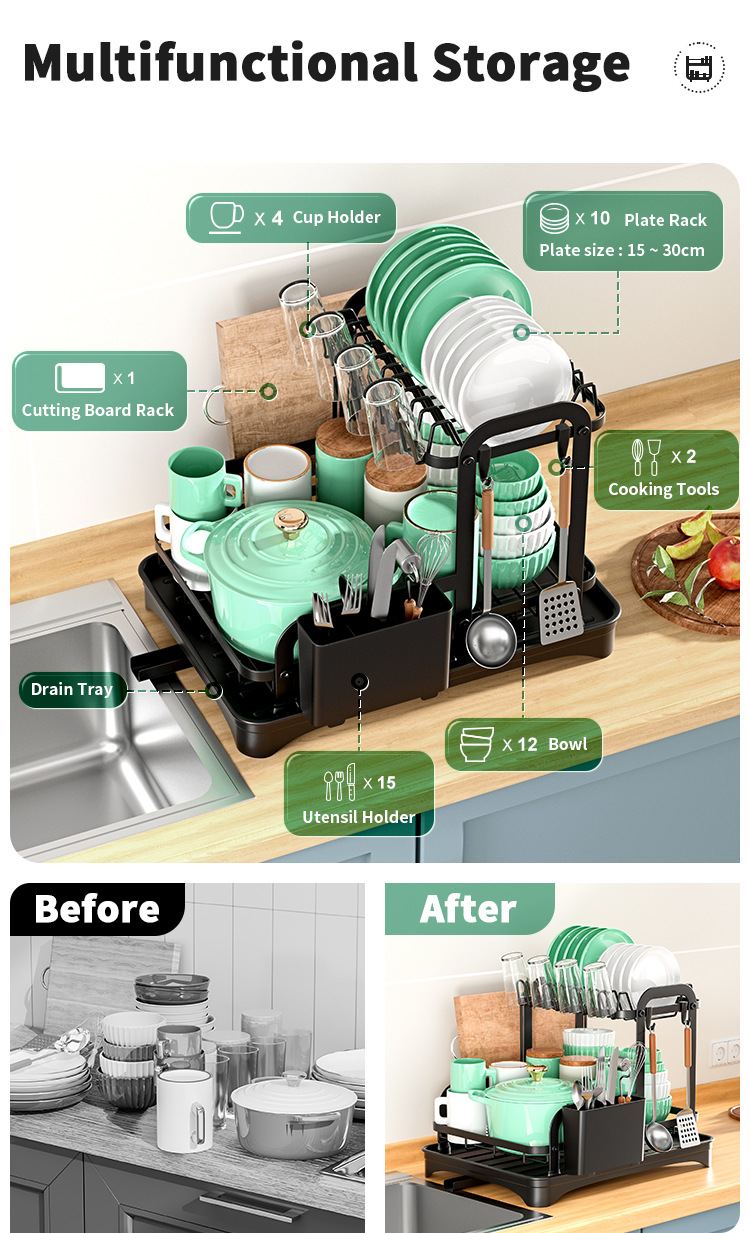 Cross-Border Kitchen Bowl Rack Home Anti-Rust Countertop Double Draining Bowl Rack Multi-Functional Dish Storage Racks