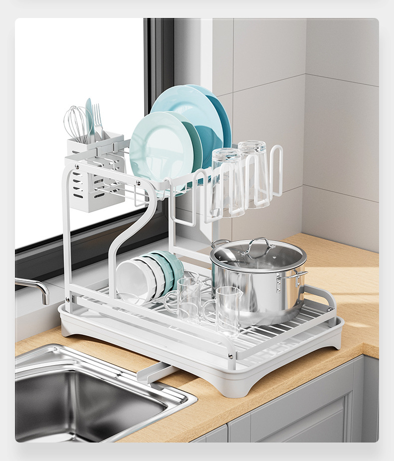 Multifunctional Double-Tier Cutlery Cup Storage Bowl Holder Kitchen Draining Dish Rack for Counter Surface Household Use