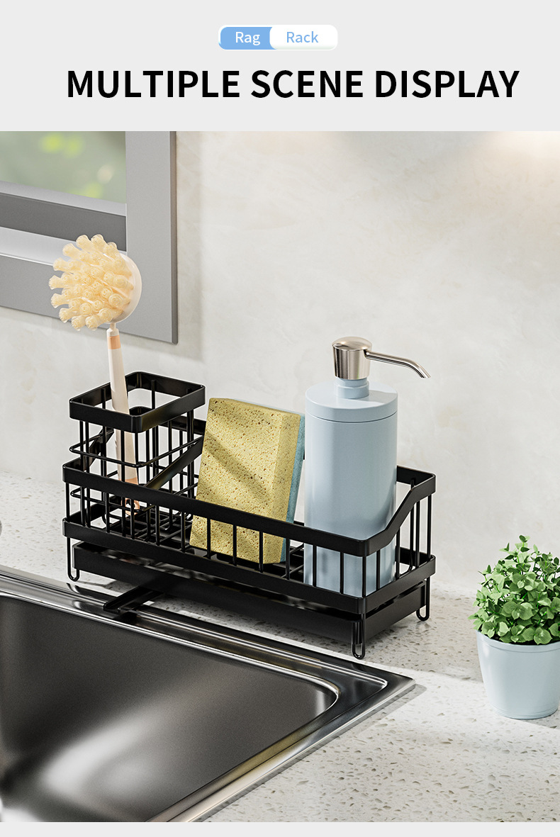 Kitchen Draining Rack Sink Sponge Rag Basket Dishwashing Storage with Adhesive Backed Stickers + Towel Hanging Rods