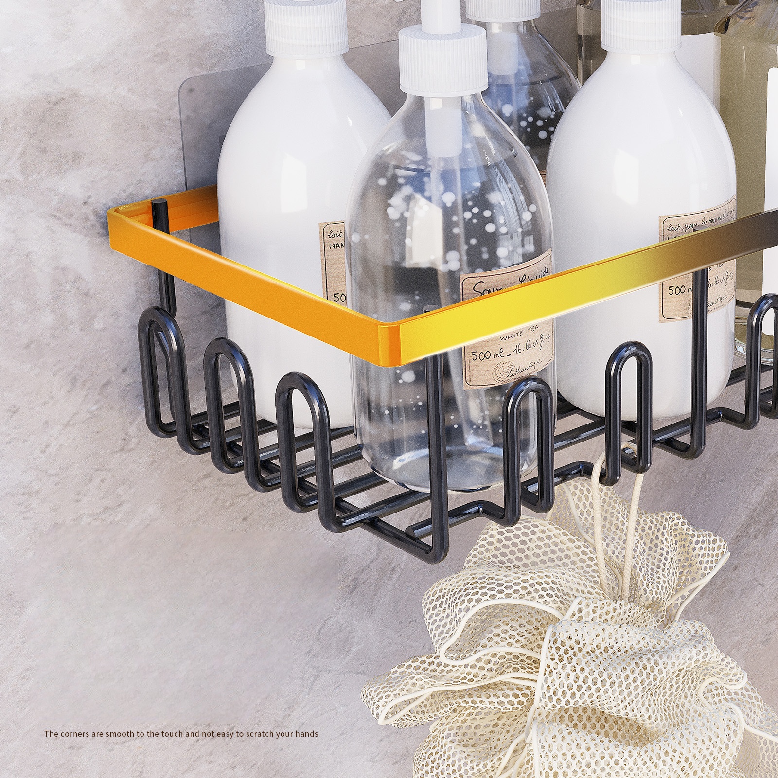 Wrought Iron Bathroom Wall Organizer with No-Punch Installation Sink Hooks and Shelf for Toilet Storage Set of Six