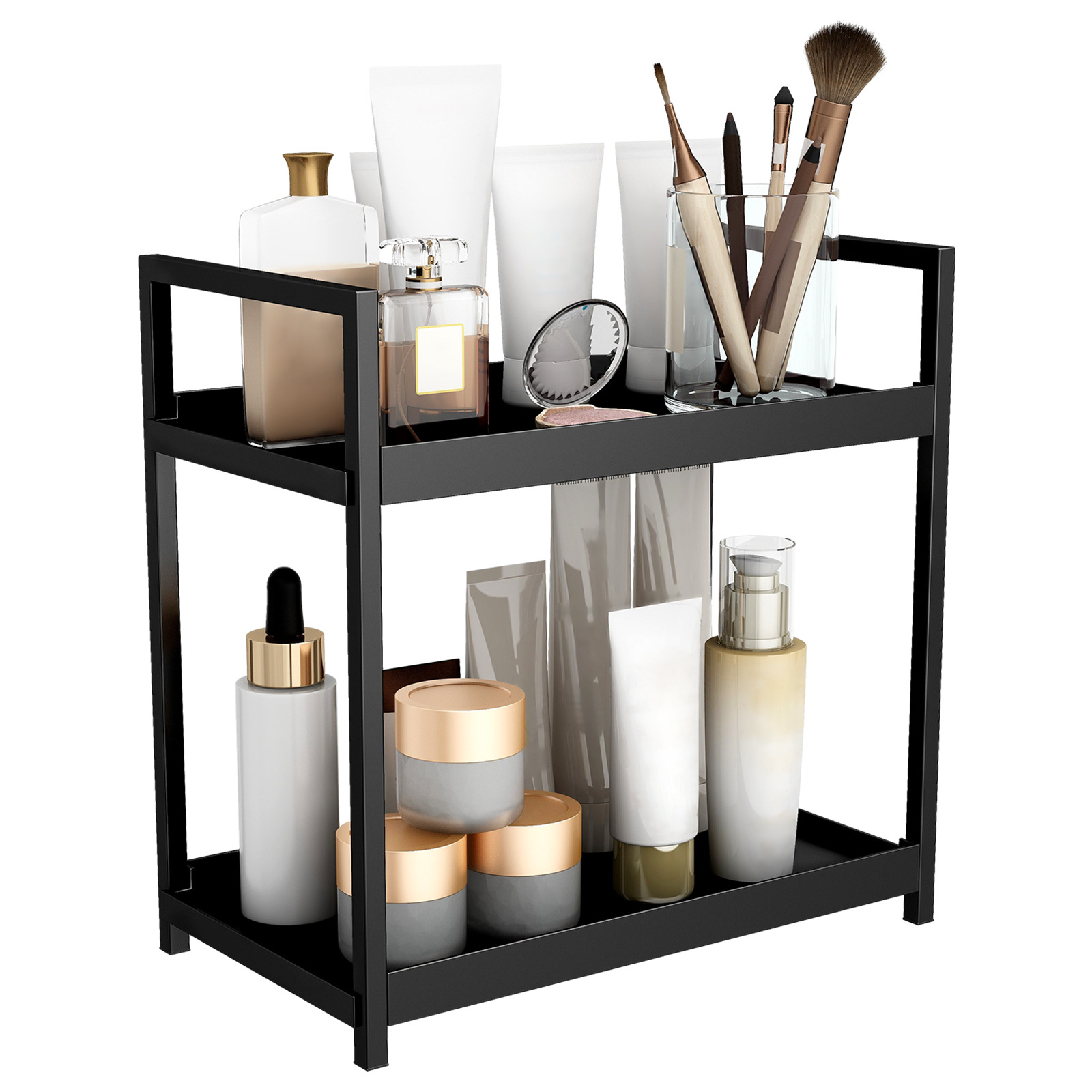 Double Layer Plastic Desktop Organizer Double Countertop Dresser Shelf Kitchen Bathroom Bedroom Perfume Cosmetic Holder Box