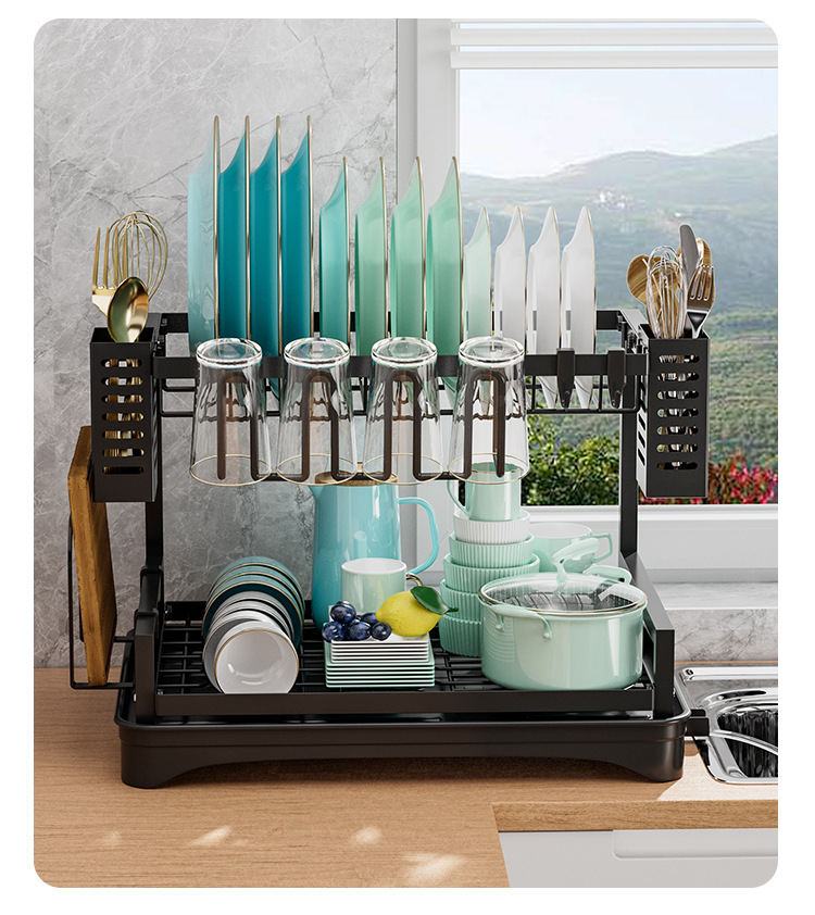 Wrought Iron Countertop Kitchen Sink Dish Holder Organizer with Fork Cutlery Box for Home Tableware Use