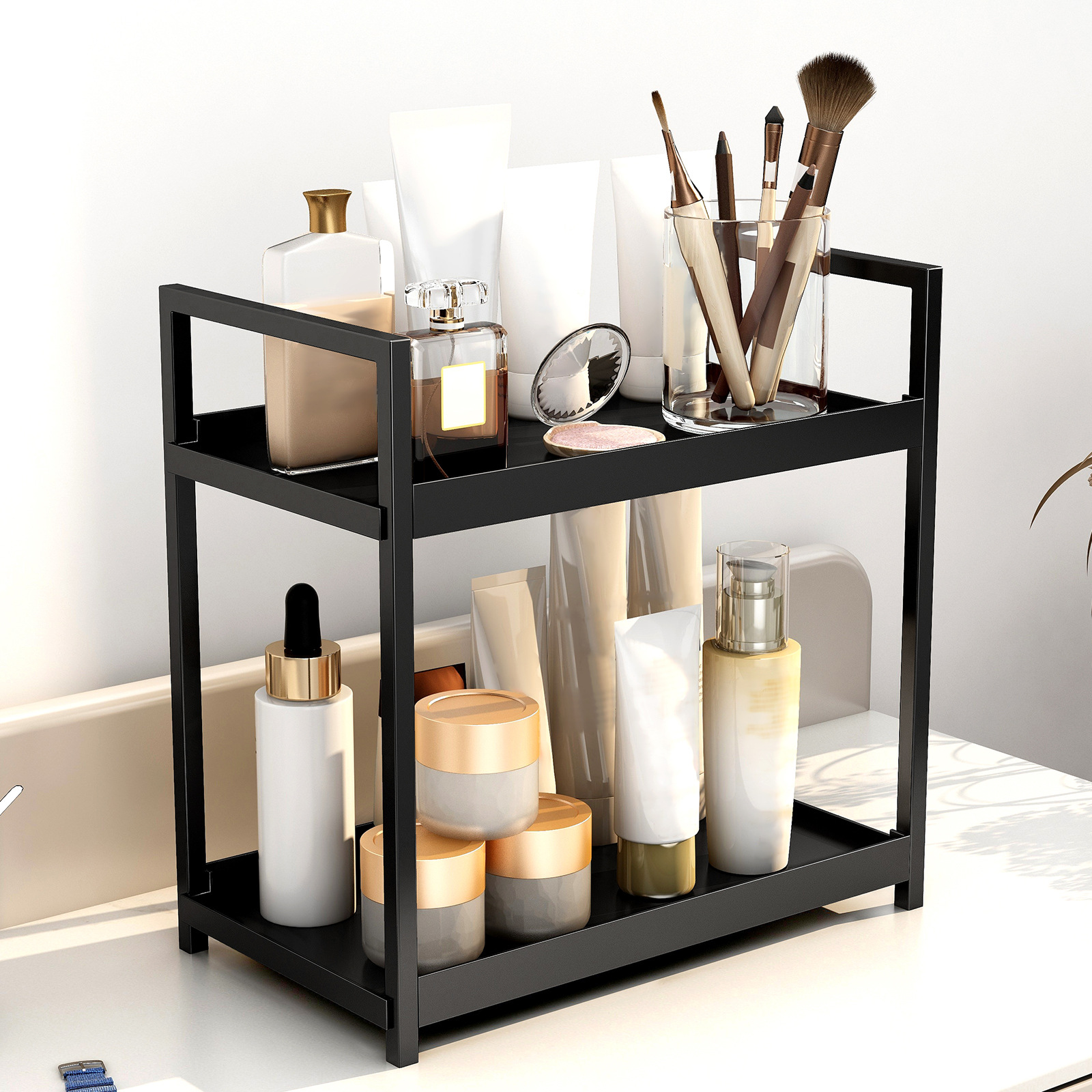 Double Layer Plastic Desktop Organizer Double Countertop Dresser Shelf Kitchen Bathroom Bedroom Perfume Cosmetic Holder Box