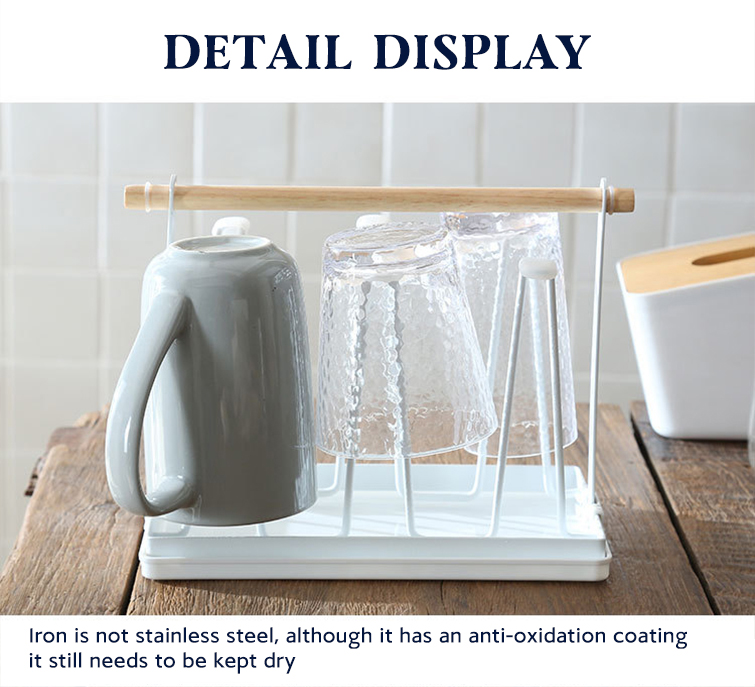 Household Storage Rack Glass Cup Holder 6 Hooks Cup Drying Rack With Wooden Tray