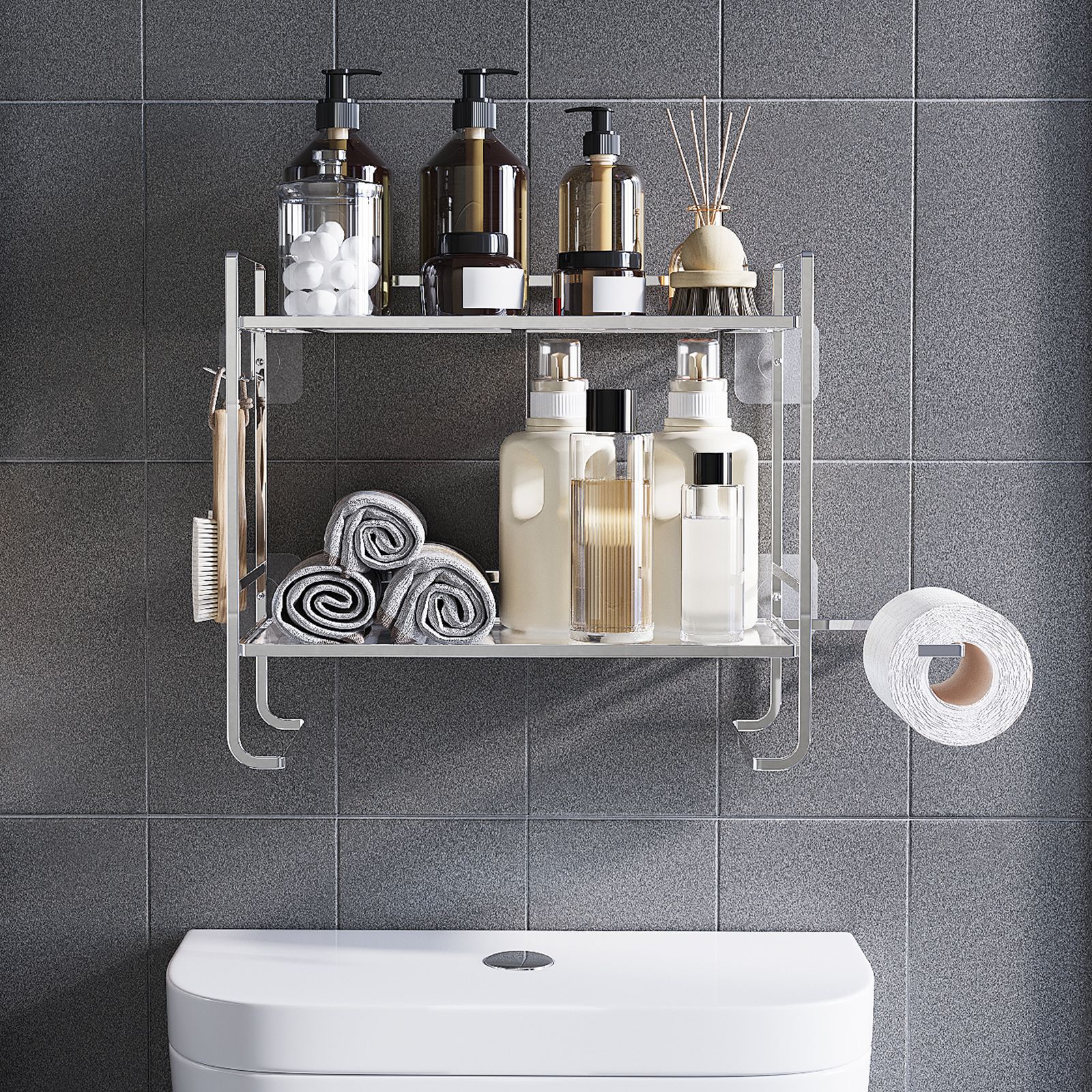 No-Punch Toilet Shelf With Paper Towel Hanging Feature Bathroom Storage Organizer Above Water Tank