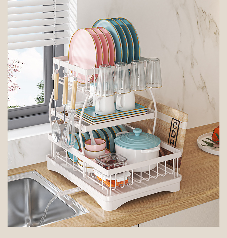 Multi-Functional Kitchen Anti-Rust Countertop Double Draining Bowl Dish Storage Racks