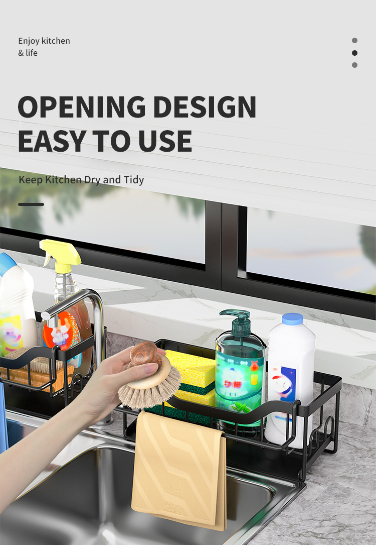 No-Hole Household Kitchen Countertop Sponge Draining Storage Rack Towel Bar + Hanging Stickers