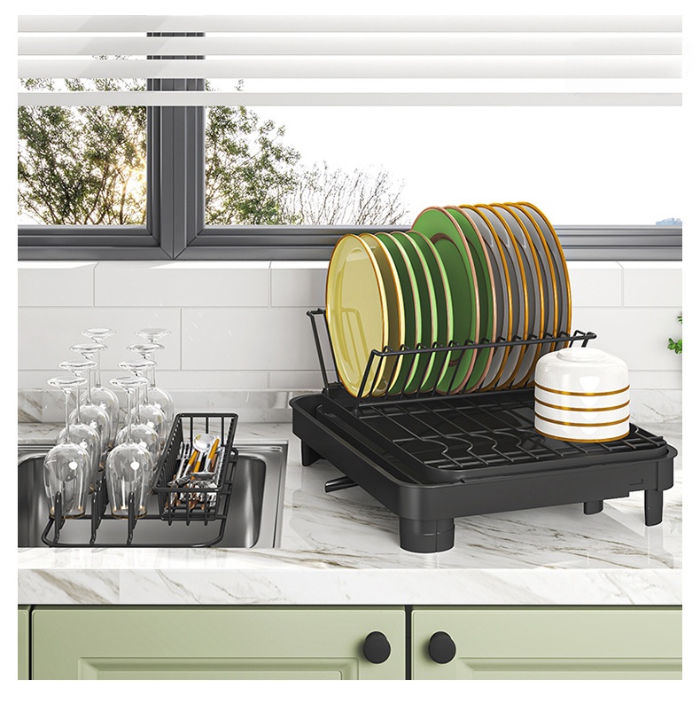 Kitchen Carbon Steel Dishes Drainer Rack Collapsible Countertop Sink Shelf Storage Standing Type Installation Home