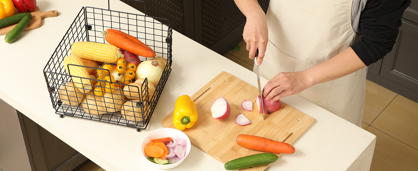 Cross-Border Carbon Steel Fruit Snacks Spices Vegetable Storage Basket Bamboo Kitchen Table Board Multilayer Shelves
