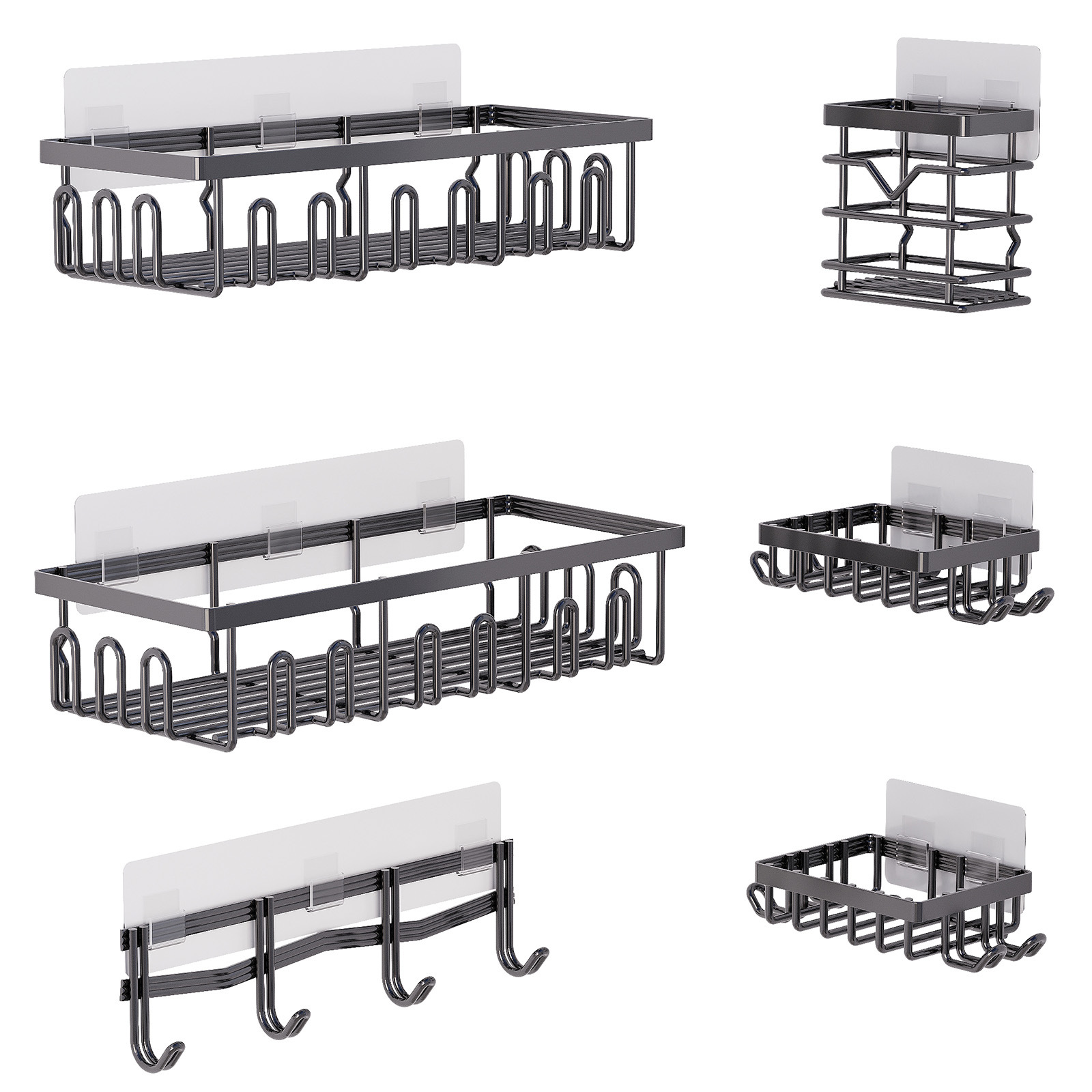 Wrought Iron Bathroom Wall Organizer with No-Punch Installation Sink Hooks and Shelf for Toilet Storage Set of Six