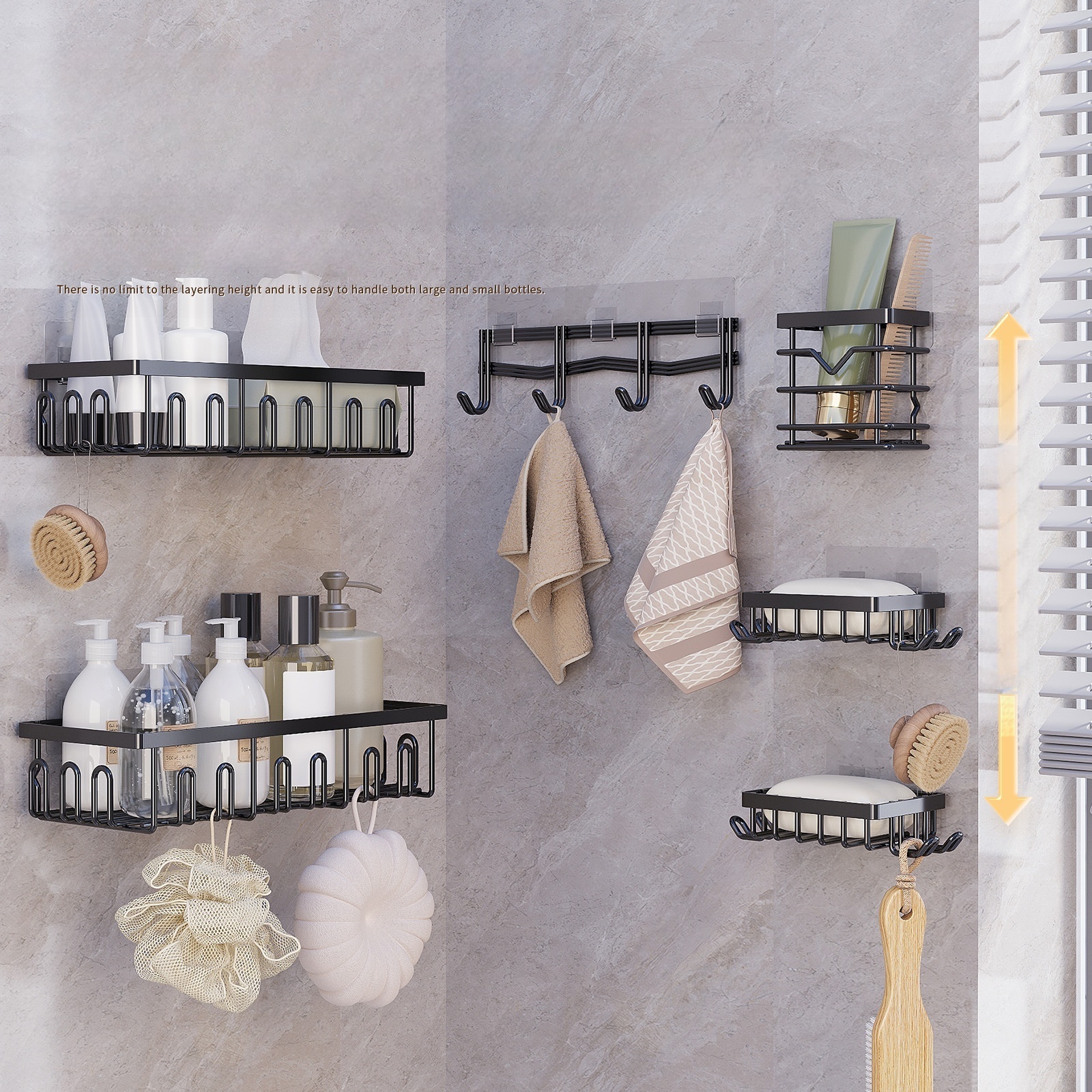 Wrought Iron Bathroom Wall Organizer with No-Punch Installation Sink Hooks and Shelf for Toilet Storage Set of Six