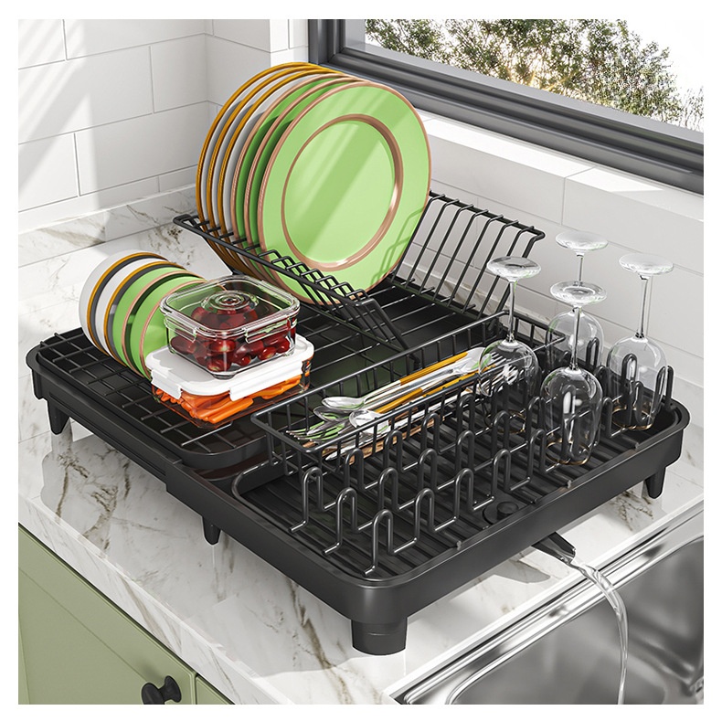 Kitchen Carbon Steel Dishes Drainer Rack Collapsible Countertop Sink Shelf Storage Standing Type Installation Home
