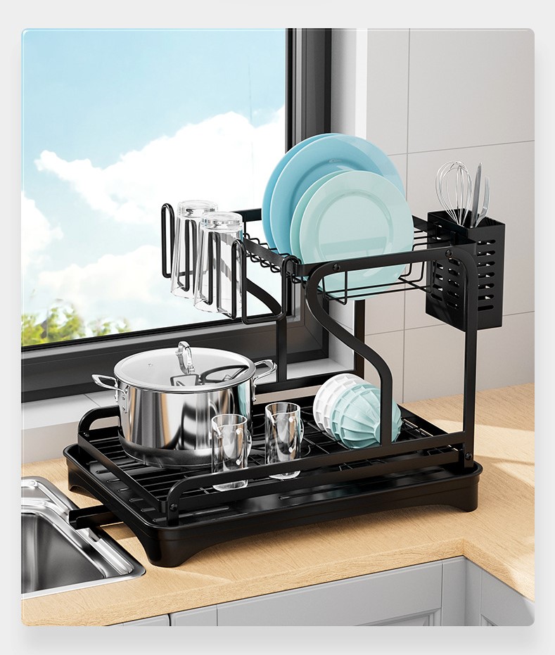 Multifunctional Double-Tier Cutlery Cup Storage Bowl Holder Kitchen Draining Dish Rack for Counter Surface Household Use