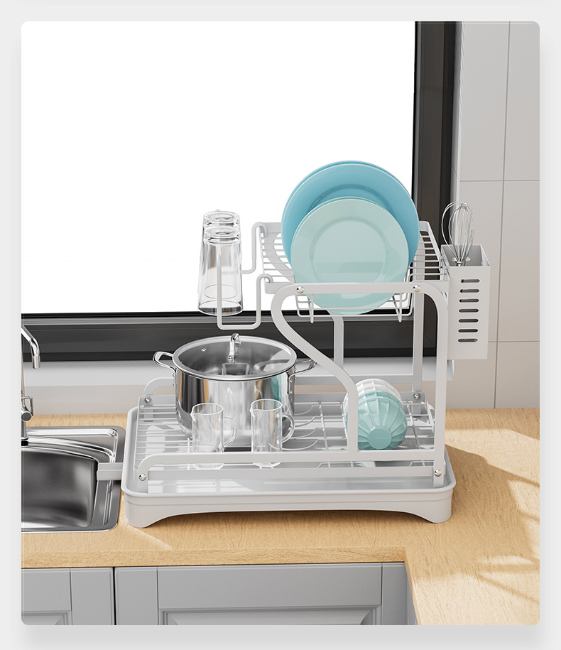 Multifunctional Double-Tier Cutlery Cup Storage Bowl Holder Kitchen Draining Dish Rack for Counter Surface Household Use