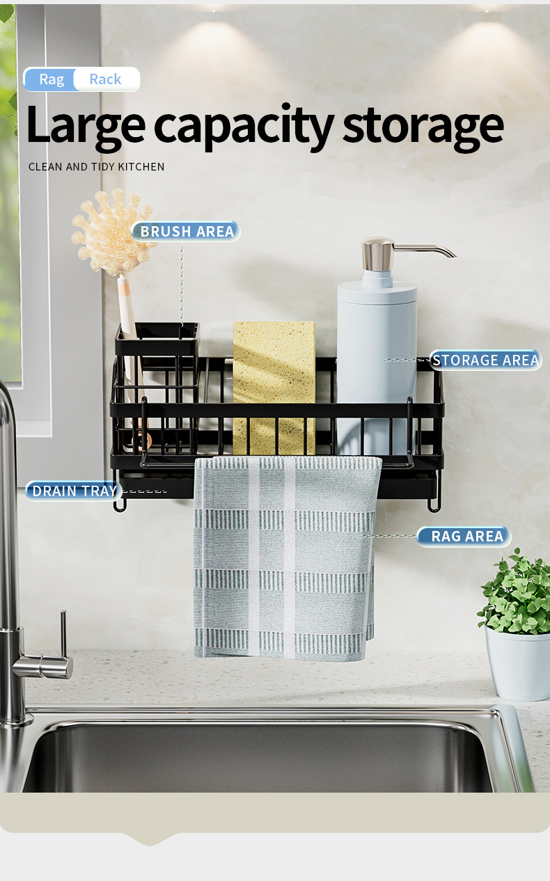 Kitchen Draining Rack Sink Sponge Rag Basket Dishwashing Storage with Adhesive Backed Stickers + Towel Hanging Rods