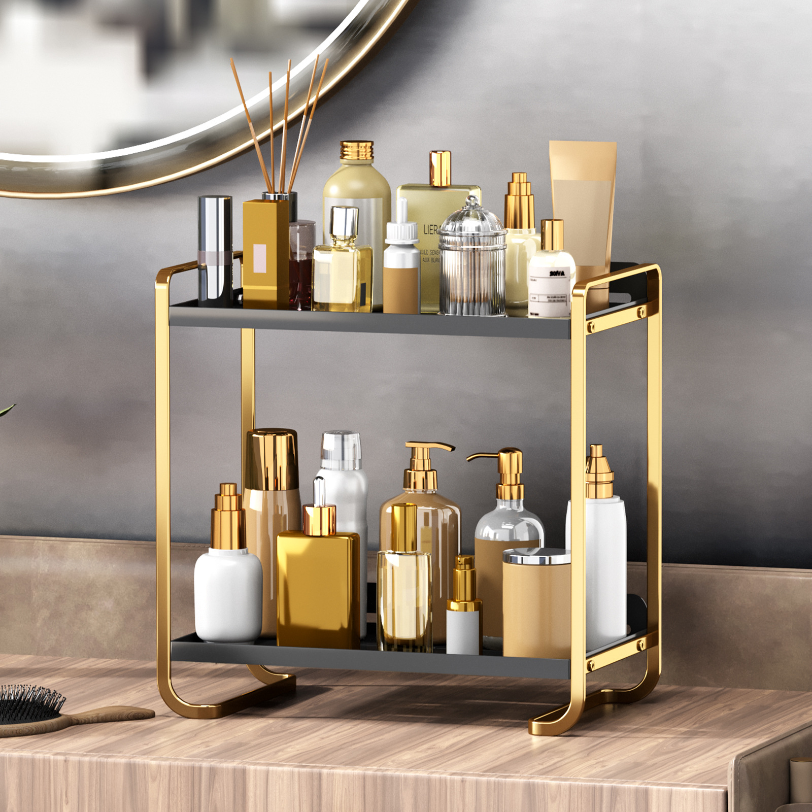 Multi-Layer Desktop Cosmetic Shelf Dresser and Skin Care Organizer with Wash Basket for Dormitory or Bathroom Storage Use