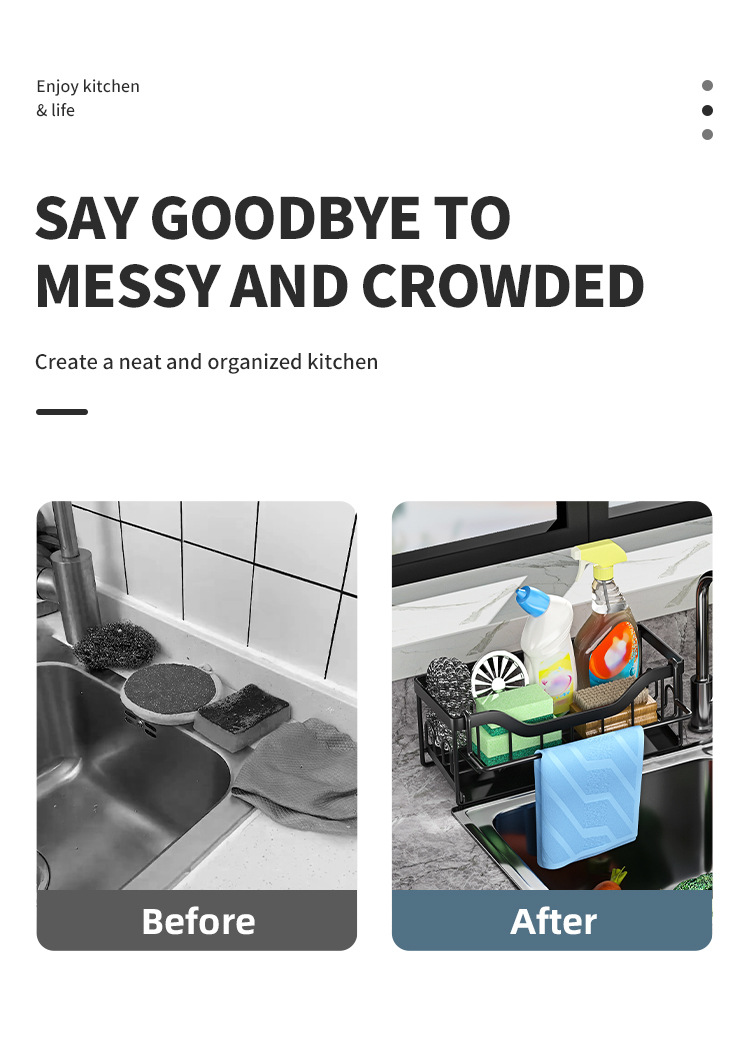 No-Hole Household Kitchen Countertop Sponge Draining Storage Rack Towel Bar + Hanging Stickers