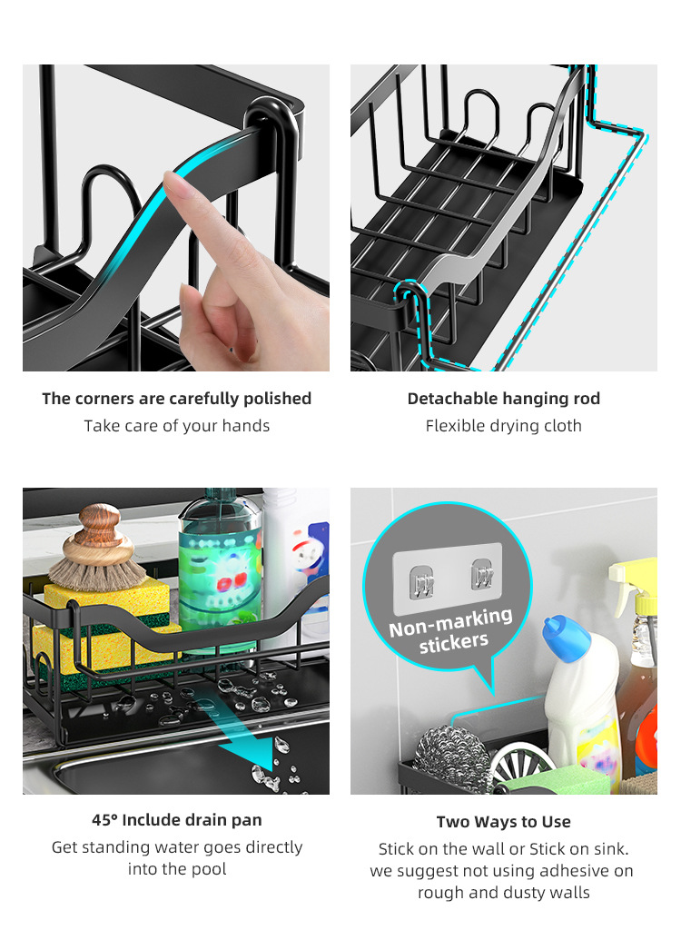 No-Hole Household Kitchen Countertop Sponge Draining Storage Rack Towel Bar + Hanging Stickers